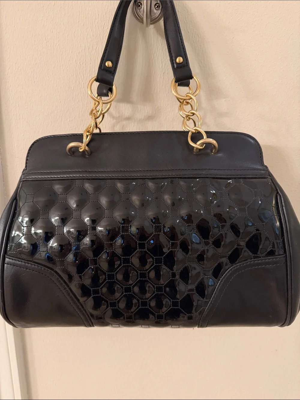 Vintage Ann Taylor Black Quilted Patent Shoulder Bag with Gold Chain Straps